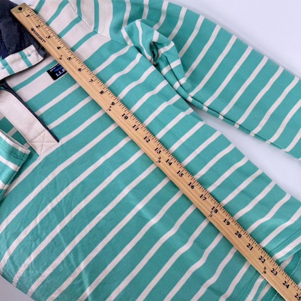 LL Bean Womens Rugby Shirt Size Medium Long Sleeve‎ Striped White Seafoam Green